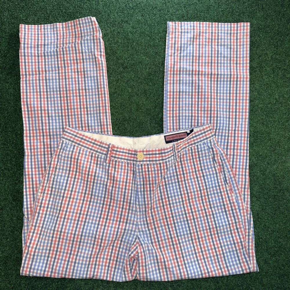 Vineyard Vine Men's Plaid Causal Chino Pants Men's Size 33x32 Pink Blue White